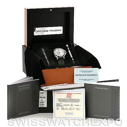 The image shows a Panerai Luminor PAM049 Men's Stainless Steel White Dial PAM049 Men's Stainless Steel White Dial watch in its box, accompanied by booklets, a warranty card, and watch tools, viewed from the front.