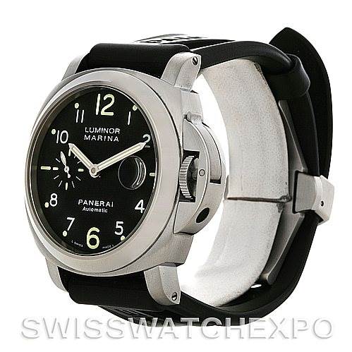 This image shows a side view of the Panerai Luminor PAM164 Men
s Stainless Steel Black Dial PAM164 Men
s Stainless Steel Black Dial Marina watch, featuring a black dial, crown guard, and black strap.