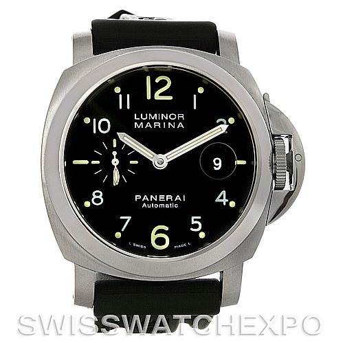 This image shows a front view of a Panerai Luminor PAM164 Men
s Stainless Steel Black Dial PAM164 Men
s Stainless Steel Black Dial watch, highlighting the dial, hands, numerals, and crown guard.