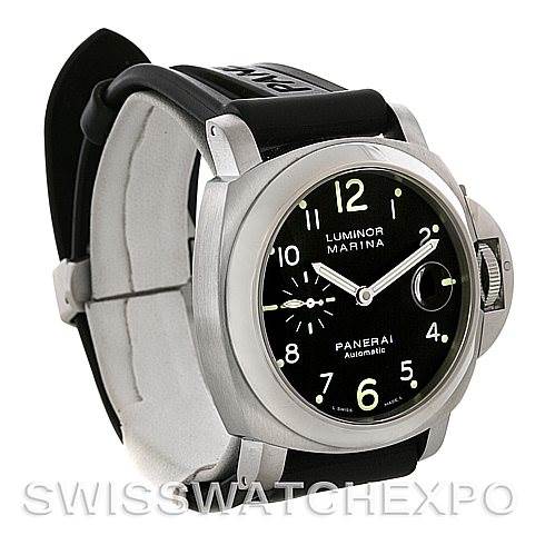The image shows a Panerai Luminor PAM164 Men
s Stainless Steel Black Dial PAM164 Men
s Stainless Steel Black Dial Marina watch at a slight angle, displaying the face, case, crown guard, and black rubber strap.