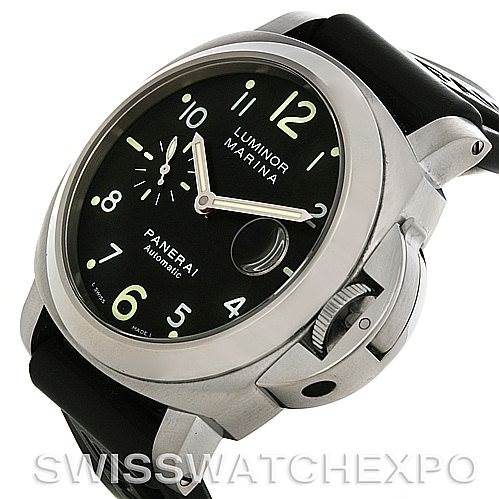 The image shows a Panerai Luminor PAM164 Men
s Stainless Steel Black Dial PAM164 Men
s Stainless Steel Black Dial watch at an angle, highlighting its black dial, large numerals, side crown, and protective lever.