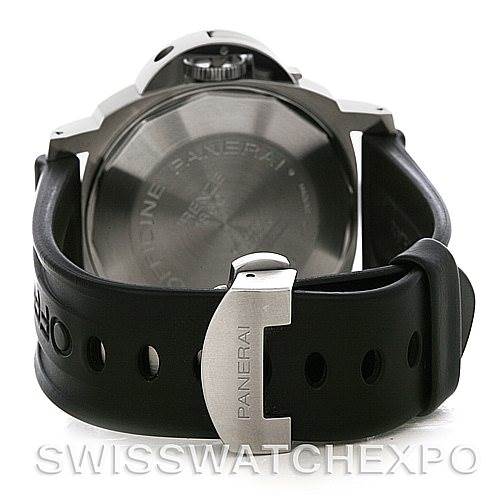 This image shows the back of a Panerai Luminor PAM164 Men
s Stainless Steel Black Dial PAM164 Men
s Stainless Steel Black Dial watch, highlighting its case back and black strap with a Panerai-branded buckle.
