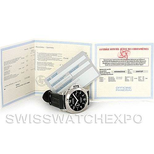 The image shows a Panerai Luminor PAM164 Men
s Stainless Steel Black Dial PAM164 Men
s Stainless Steel Black Dial watch and its accompanying certificates and documents from a low front angle.