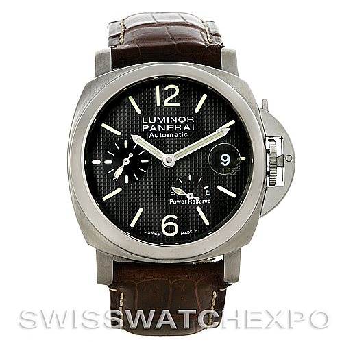 The image depicts a front view of a Panerai Luminor PAM241 Men
s Stainless Steel Black Dial PAM241 Men
s Stainless Steel Black Dial watch, showing the dial, hands, power reserve indicator, and the leather strap.