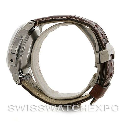 The image shows a side view of the Panerai Luminor PAM241 Men
s Stainless Steel Black Dial PAM241 Men
s Stainless Steel Black Dial watch, highlighting the case, crown guard, and brown leather strap.