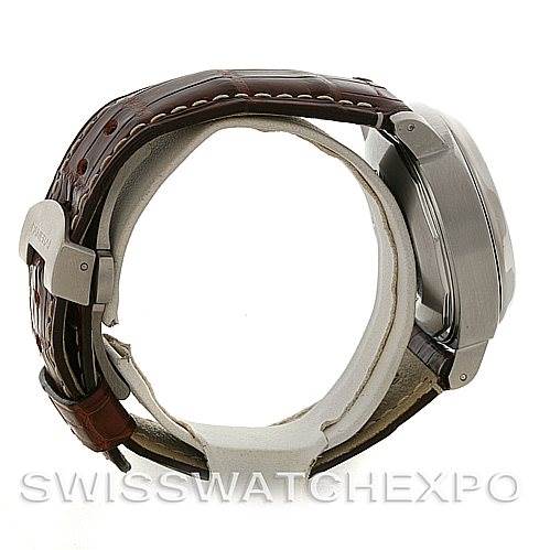 Side profile of a Panerai Luminor PAM241 Men
s Stainless Steel Black Dial PAM241 Men
s Stainless Steel Black Dial watch showing the case and leather strap with clasp.