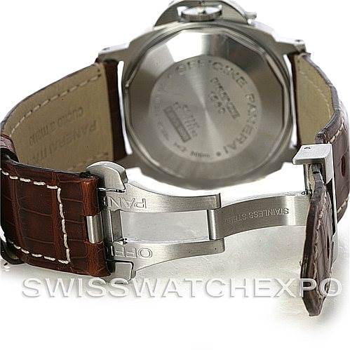 The image shows the back case and clasp of a Panerai Luminor PAM241 Men
s Stainless Steel Black Dial PAM241 Men
s Stainless Steel Black Dial watch, focusing on the open leather strap and stainless steel clasp.