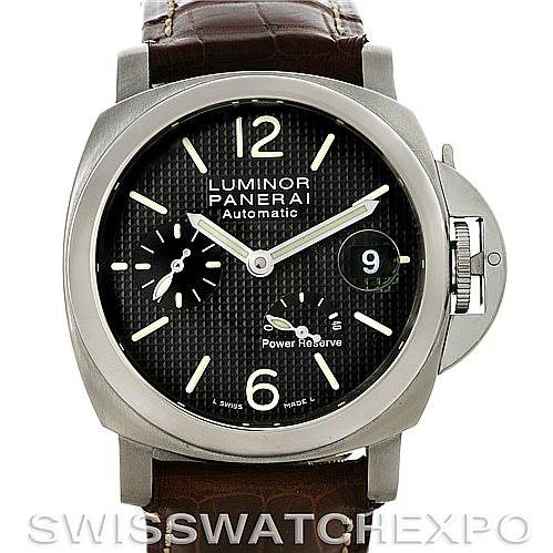 The image shows a frontal view of the Panerai Luminor PAM241 Men
s Stainless Steel Black Dial PAM241 Men
s Stainless Steel Black Dial watch, highlighting the dial, hands, crown guard, and leather strap.