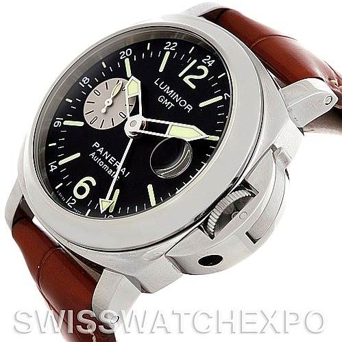 The image shows a Panerai Luminor PAM00088 Men
s Stainless Steel Black Dial PAM00088 Men
s Stainless Steel Black Dial watch at an angled view, highlighting the dial, crown guard, bezel, and leather strap.