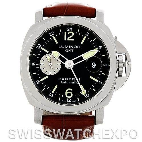 The image shows the front view of a Panerai Luminor PAM00088 Men
s Stainless Steel Black Dial PAM00088 Men
s Stainless Steel Black Dial GMT watch with its dial, case, crown guard, and brown leather strap.