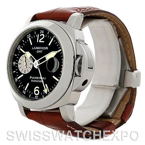 The Panerai Luminor PAM00088 Men
s Stainless Steel Black Dial PAM00088 Men
s Stainless Steel Black Dial model watch is shown at an angle displaying the face, bezel, crown guard, and brown leather strap.