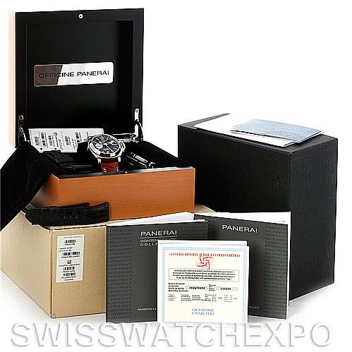 The image shows the Panerai Luminor PAM00088 Men
s Stainless Steel Black Dial PAM00088 Men
s Stainless Steel Black Dial watch, its box, manuals, and Best Quality
ity certificates from a front-angle view.