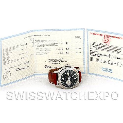 The image shows a Panerai Luminor PAM00088 Men
s Stainless Steel Black Dial PAM00088 Men
s Stainless Steel Black Dial watch with a leather strap, displayed alongside its certification documents.