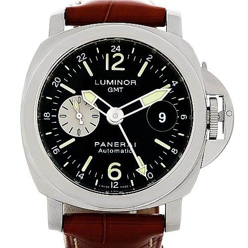 This is a front view of a Panerai Luminor PAM00088 Men
s Stainless Steel Black Dial PAM00088 Men
s Stainless Steel Black Dial GMT watch, showing the dial, crown guard, leather strap, and hour, minute, and second hands.