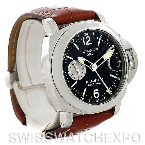 This image shows a Panerai Luminor PAM00088 Men
s Stainless Steel Black Dial PAM00088 Men
s Stainless Steel Black Dial GMT watch at a three-quarter angle, highlighting the face and part of the brown leather strap.