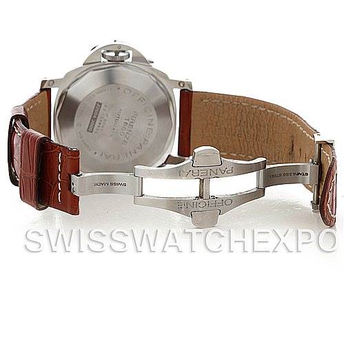 The image shows the back view of a Panerai Luminor PAM00088 Men
s Stainless Steel Black Dial PAM00088 Men
s Stainless Steel Black Dial watch, highlighting its leather strap and clasp.