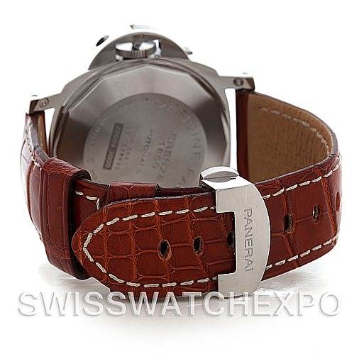 The image shows the back of a Panerai Luminor PAM00088 Men
s Stainless Steel Black Dial PAM00088 Men
s Stainless Steel Black Dial watch with a focus on its brown leather strap and clasp.