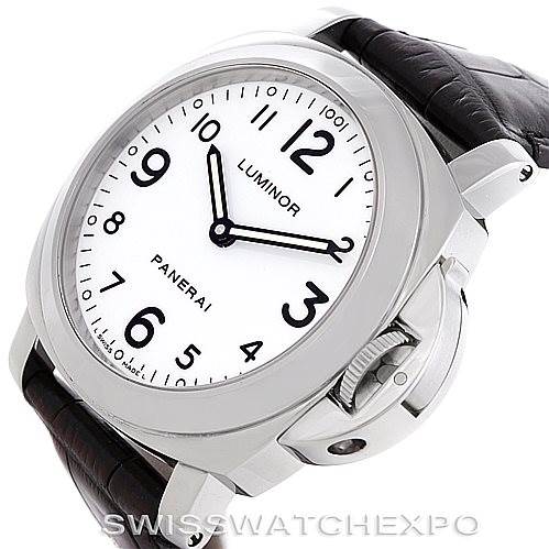 The image shows a Panerai Luminor PAM114 Men
s Stainless Steel White Dial PAM114 Men
s Stainless Steel White Dial watch from a slightly angled top-down view, highlighting the face, strap, and crown guard.