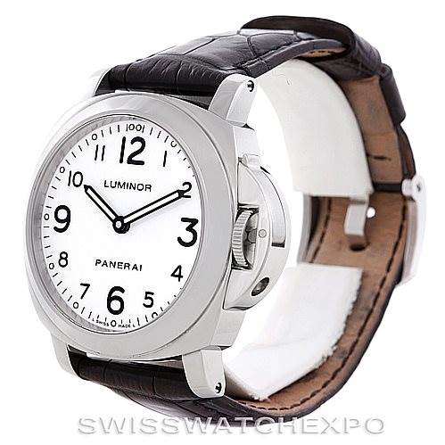 This image shows a frontal and slight side view of the Panerai Luminor PAM114 Men
s Stainless Steel White Dial PAM114 Men
s Stainless Steel White Dial watch, highlighting its white dial, black leather strap, and crown guard.