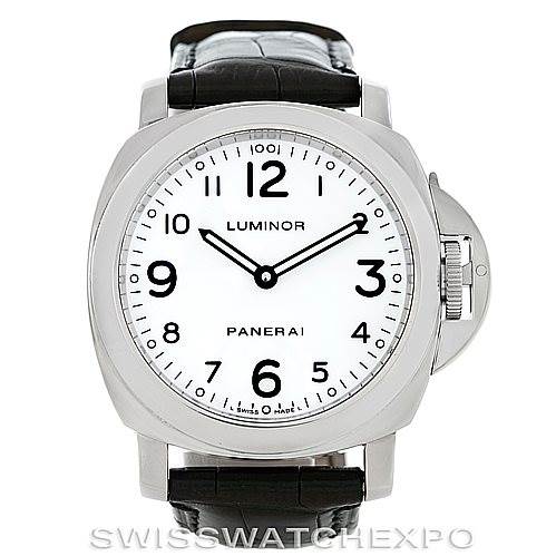 The image shows a front view of the Panerai Luminor PAM114 Men
s Stainless Steel White Dial PAM114 Men
s Stainless Steel White Dial watch highlighting the dial, case, crown guard, and leather strap.