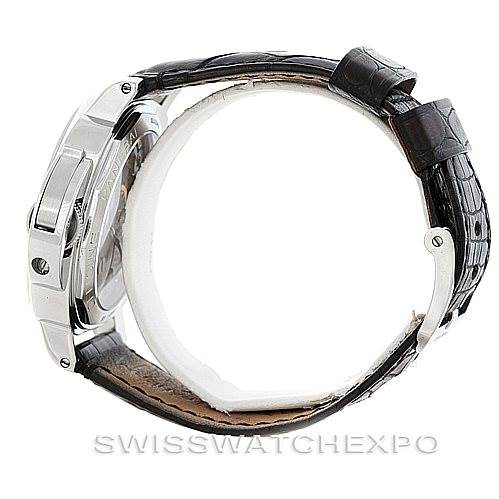 The image shows a side view of a Panerai Luminor PAM114 Men
s Stainless Steel White Dial PAM114 Men
s Stainless Steel White Dial watch with its leather strap and stainless steel case.