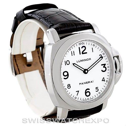 The image shows a Panerai Luminor PAM114 Men
s Stainless Steel White Dial PAM114 Men
s Stainless Steel White Dial watch at a slight angle, displaying its white dial, black leather strap, and distinctive crown guard.