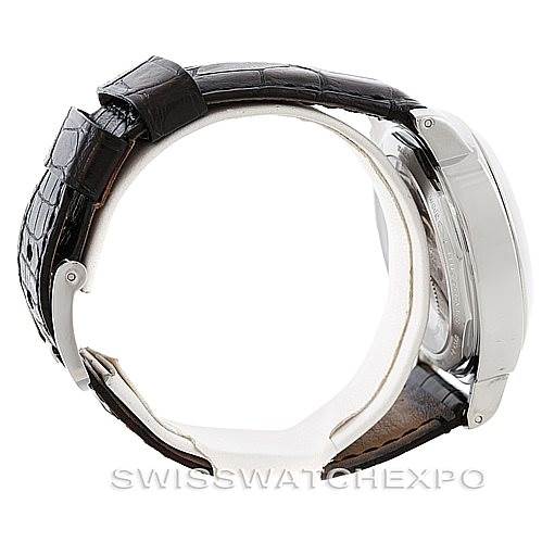 The Panerai Luminor PAM114 Men
s Stainless Steel White Dial PAM114 Men
s Stainless Steel White Dial watch is shown in a side profile, displaying the case and the black leather strap.