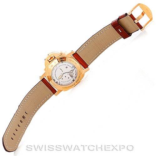 The image shows the back view of the Panerai Luminor PAM289 Men's Rose Gold Brown Dial PAM289 Men's Rose Gold Brown Dial model watch, including the case back and leather strap.