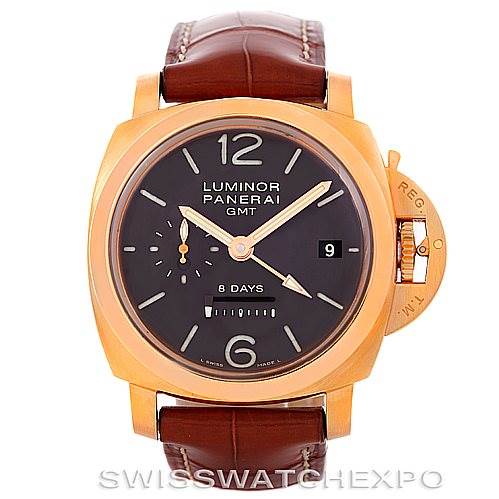 The image shows a front view of a Panerai Luminor PAM289 Men's Rose Gold Brown Dial PAM289 Men's Rose Gold Brown Dial GMT watch with a brown dial, a date window, and a leather strap.
