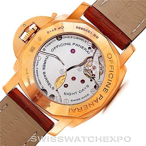 This image shows the back view of a Panerai Luminor PAM289 Men's Rose Gold Brown Dial PAM289 Men's Rose Gold Brown Dial watch, highlighting the internal mechanics and engraved details on the caseback.