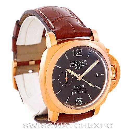 The image shows a frontal view of a Panerai Luminor PAM289 Men's Rose Gold Brown Dial PAM289 Men's Rose Gold Brown Dial GMT watch with a brown leather strap and a gold case.