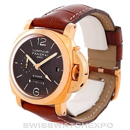 The image shows a Panerai Luminor PAM289 Men's Rose Gold Brown Dial PAM289 Men's Rose Gold Brown Dial model watch from a front-left angle, highlighting the dial, crown guard, and leather strap.