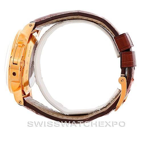This image shows a side view of the Panerai Luminor PAM289 Men's Rose Gold Brown Dial PAM289 Men's Rose Gold Brown Dial watch, highlighting its gold case and brown leather strap.