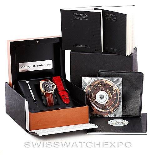 The image shows a Panerai Luminor PAM289 Men's Rose Gold Brown Dial PAM289 Men's Rose Gold Brown Dial model watch with its accessories, including a box, tool, extra strap, manuals, and watch dial.