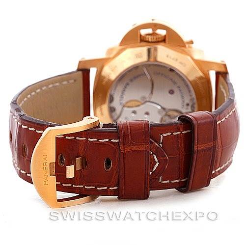This image shows the back view of a Panerai Luminor PAM289 Men's Rose Gold Brown Dial PAM289 Men's Rose Gold Brown Dial watch, highlighting the case back and brown leather strap with a gold buckle.