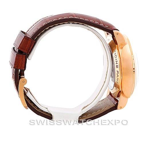 The image shows a side view of a Panerai Luminor PAM289 Men's Rose Gold Brown Dial PAM289 Men's Rose Gold Brown Dial watch with a rose gold case and brown leather strap.