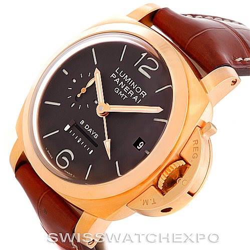 The image shows a Panerai Luminor PAM289 Men's Rose Gold Brown Dial PAM289 Men's Rose Gold Brown Dial watch from an angled side view, highlighting the dial, crown guard, and leather strap.
