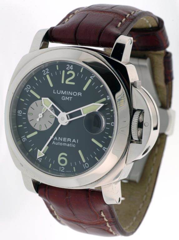 The image shows a Panerai Luminor PAM88 Men's Stainless Steel Black Dial PAM88 Men's Stainless Steel Black Dial GMT watch from a front angle, highlighting its face, bezel, and brown leather strap.