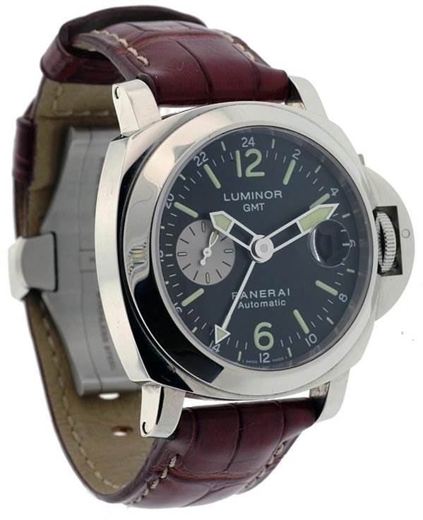 The image shows a Panerai Luminor PAM88 Men's Stainless Steel Black Dial PAM88 Men's Stainless Steel Black Dial GMT watch at a three-quarter angle, highlighting the dial, bezel, and leather strap.