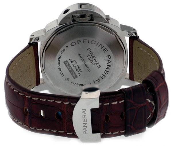 The image shows the back of the Panerai Luminor PAM88 Men's Stainless Steel Black Dial PAM88 Men's Stainless Steel Black Dial watch, highlighting the case, engraving, and leather strap with the Panerai clasp.