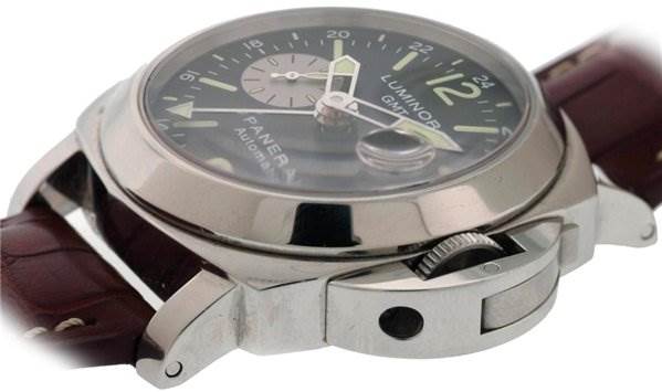 The image shows a side view of the Panerai Luminor PAM88 Men's Stainless Steel Black Dial PAM88 Men's Stainless Steel Black Dial model, highlighting the crown guard and strap attachment.