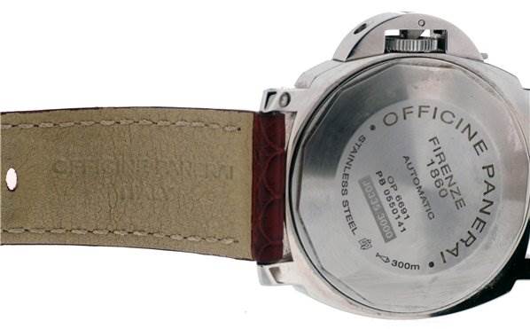 The image shows the back case and strap of a Panerai Luminor PAM88 Men's Stainless Steel Black Dial PAM88 Men's Stainless Steel Black Dial watch.