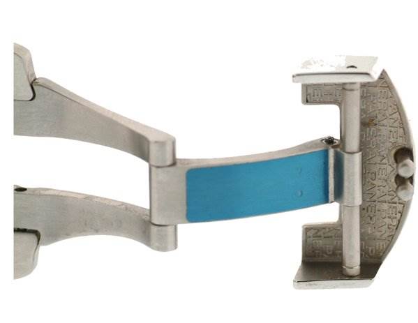 This image shows the deployment clasp mechanism of a Panerai Luminor PAM88 Men's Stainless Steel Black Dial PAM88 Men's Stainless Steel Black Dial watch band from a close-up angle.