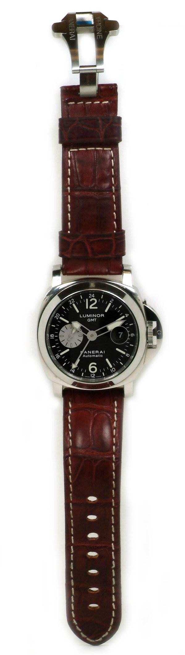 The image shows a top view of a Panerai Luminor PAM88 Men's Stainless Steel Black Dial PAM88 Men's Stainless Steel Black Dial watch with a brown leather strap and stainless steel casing.