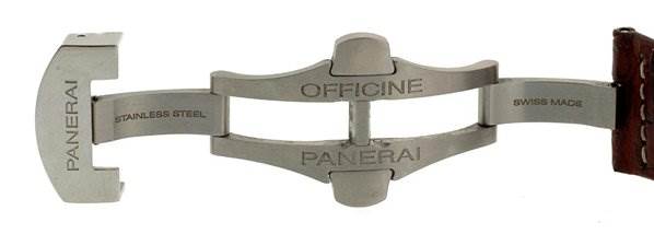 The image shows the stainless steel clasp of a Panerai Luminor PAM88 Men's Stainless Steel Black Dial PAM88 Men's Stainless Steel Black Dial watch, marked with "PANERAI," "OFFICINE," and "SWISS MADE."