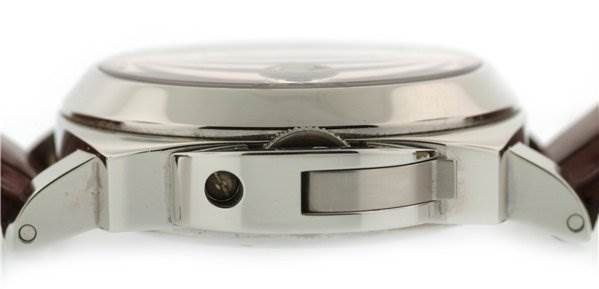 The image shows a side view of the Panerai Luminor PAM88 Men's Stainless Steel Black Dial PAM88 Men's Stainless Steel Black Dial watch, highlighting the crown guard and case.