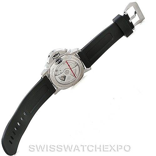 The image shows the back and strap of the Panerai Luminor PAM00312 Men's Stainless Steel Black Dial PAM00312 Men's Stainless Steel Black Dial watch at an angled view.