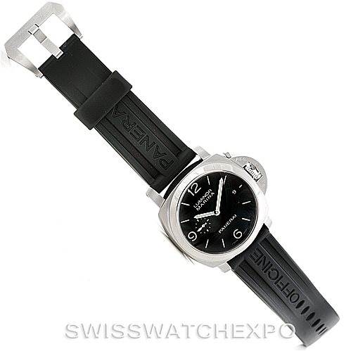 This image shows a top-down view of a Panerai Luminor PAM00312 Men's Stainless Steel Black Dial PAM00312 Men's Stainless Steel Black Dial watch with a black strap and a silver buckle.