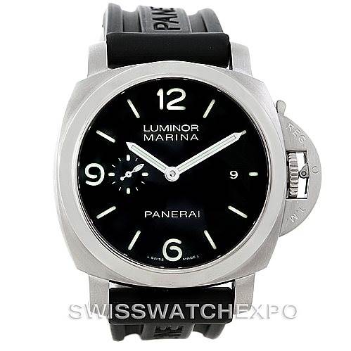 This image shows a front view of a Panerai Luminor PAM00312 Men's Stainless Steel Black Dial PAM00312 Men's Stainless Steel Black Dial Marina watch, highlighting its black dial, hour markers, and rubber strap.