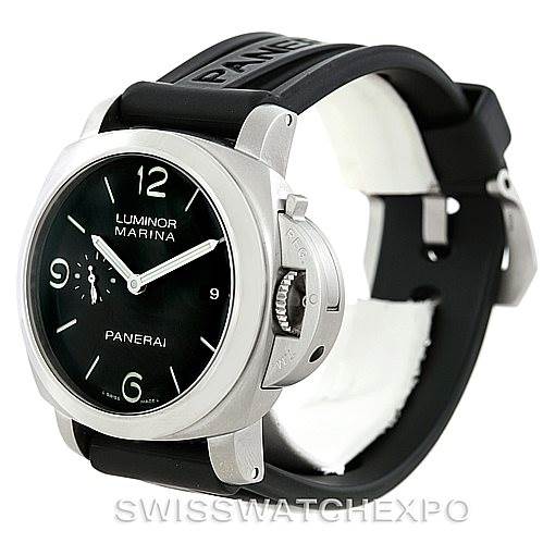 This image shows the front and side of a Panerai Luminor PAM00312 Men's Stainless Steel Black Dial PAM00312 Men's Stainless Steel Black Dial model watch with a black dial and black rubber strap.